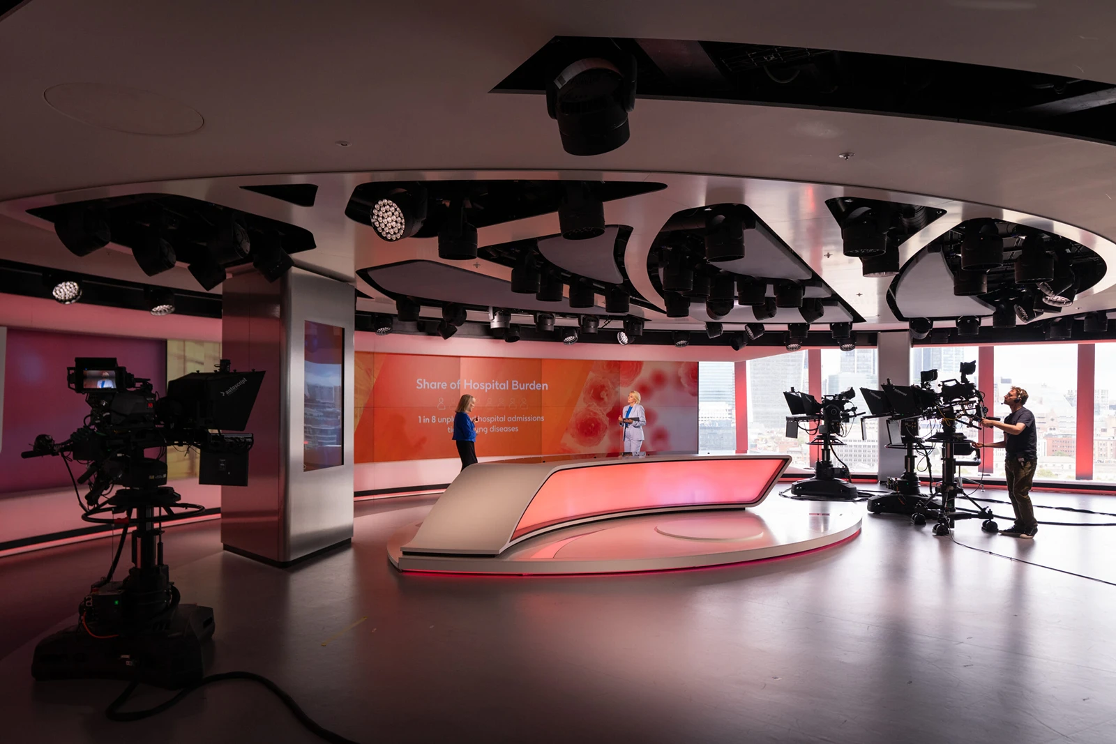 TV news studio set with anchor, camera crew, and hospital burden data graphic on screen